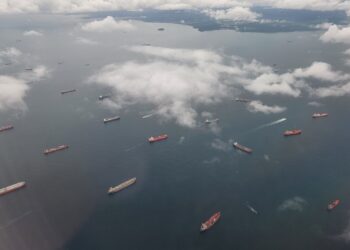 Ships wait to enter the Panama Canal on Wednesday, May 18, 2022.