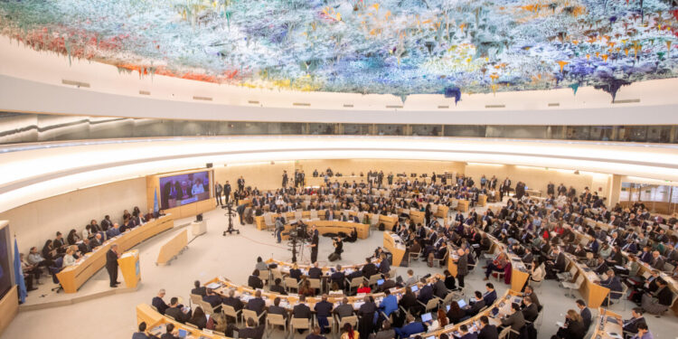 António Guterres, United Nations Secretary-General, speaking at the Human Rights Council 55th Session, Palais des Nations, Geneva, Switzerland - 26 Feb 2024. UN Photo / Elma Okic