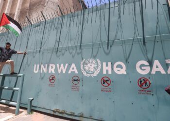 A protester holds a flag outside the United Nations Relief and Works Agency (UNRWA) during the demonstration. The Palestinian refugees' councils organize a demonstration to support the UNRWA which coincides with the convening of the Consultative Committee and the donor and refugee-hosting countries in Beirut.