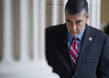 UNITED STATES - MAY 30:  Rep. David Rivera, R-Fla., prepares for a television in the Cannon rotunda.  (Photo By Tom Williams/CQ Roll Call)