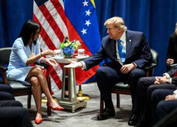 President Donald J. Trump participates in a pull-aside meeting with Acting President Delcy Rodruiguez of Venezuela at the Lotte Palace Hotel in New York City, Tuesday, September 22, 2026. (Official White House Photo by Daniel Torok)