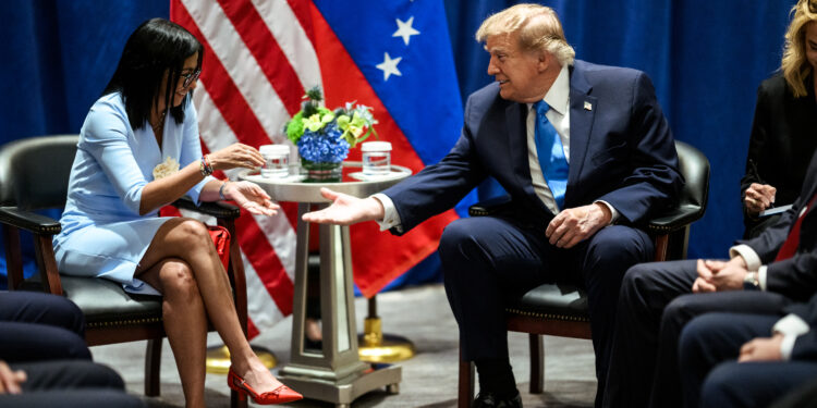 President Donald J. Trump participates in a pull-aside meeting with Acting President Delcy Rodruiguez of Venezuela at the Lotte Palace Hotel in New York City, Tuesday, September 22, 2026. (Official White House Photo by Daniel Torok)